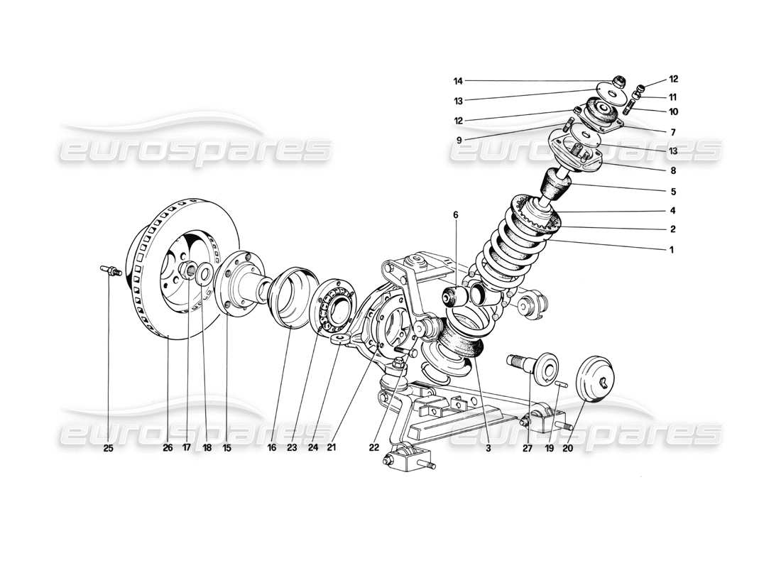 ferrari mondial 3.0 qv (1984) front suspension - shock absorber and brake disc parts diagram