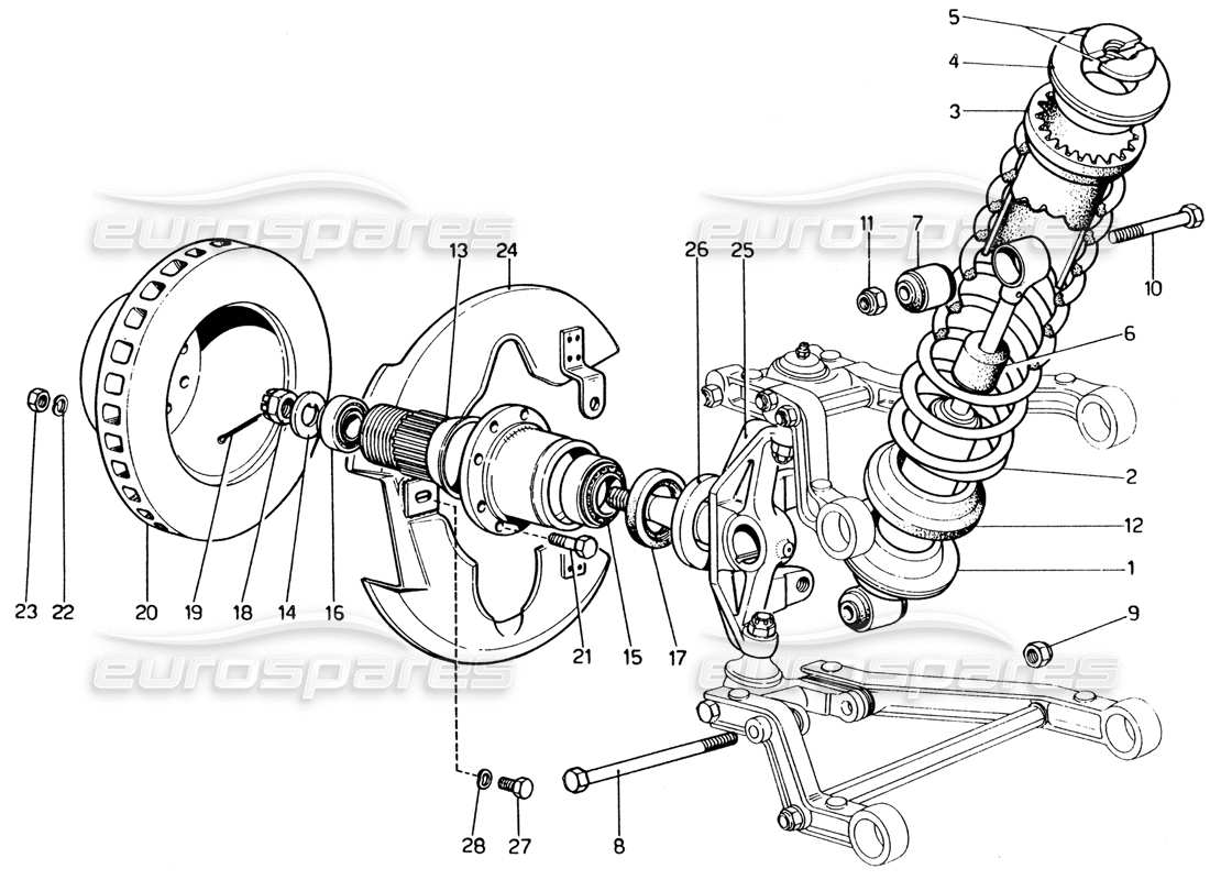 ferrari 365 gt4 2+2 (1973) front suspension - shock absorber parts diagram