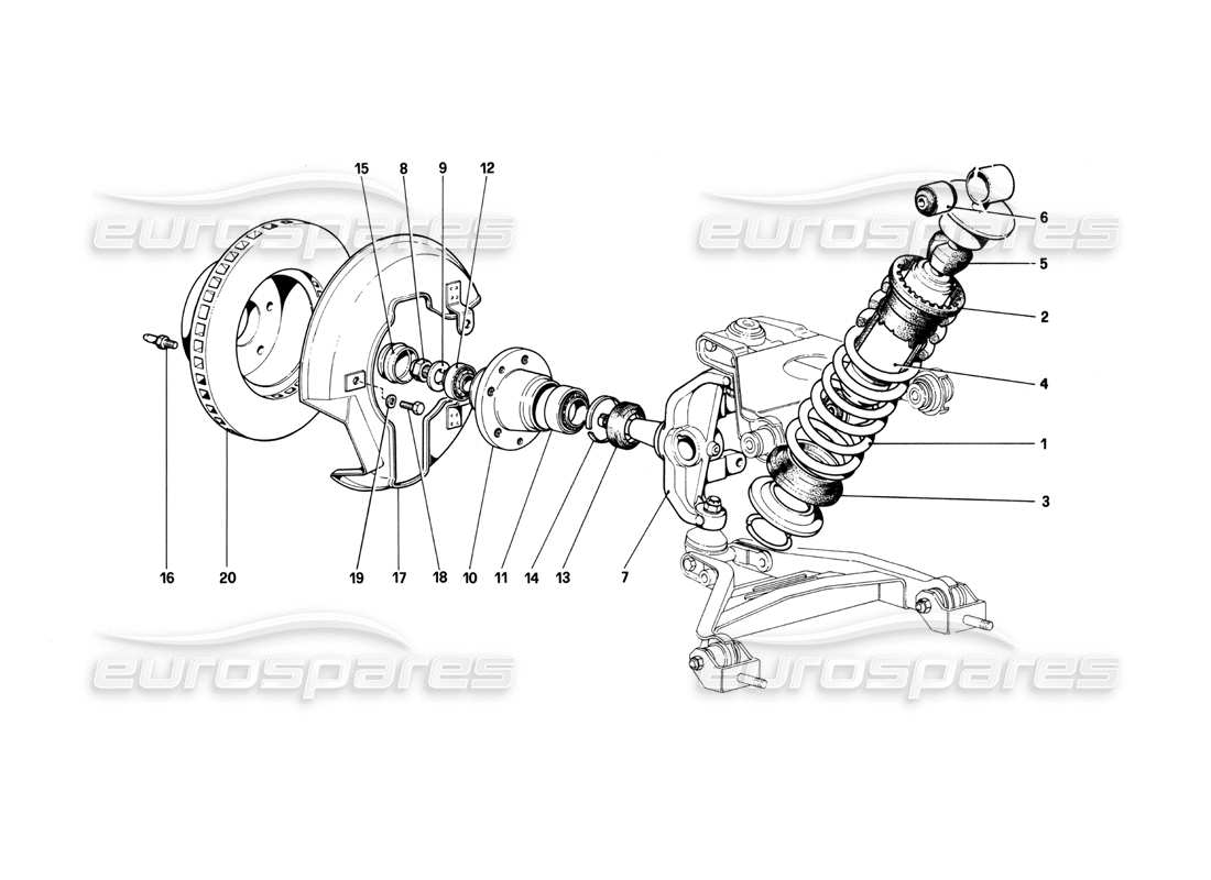 ferrari 208 turbo (1982) front suspension - shock absorber and brake disc part diagram