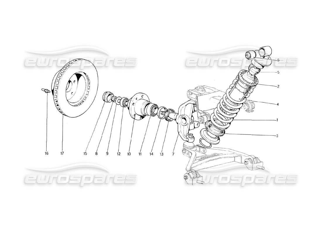 ferrari 208 gt4 dino (1975) front suspension - shock absorber and brake disc part diagram