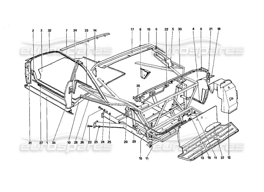 ferrari mondial 3.0 qv (1984) body shell - inner elements - quattrovalvole parts diagram