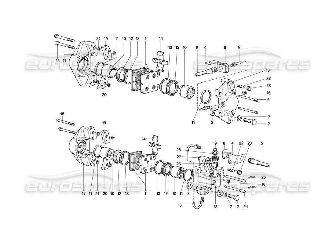 ferrari mondial 3.0 qv (1984) calipers for front and rear brakes (valid only for lhd up to chassis no. 43011) parts diagram