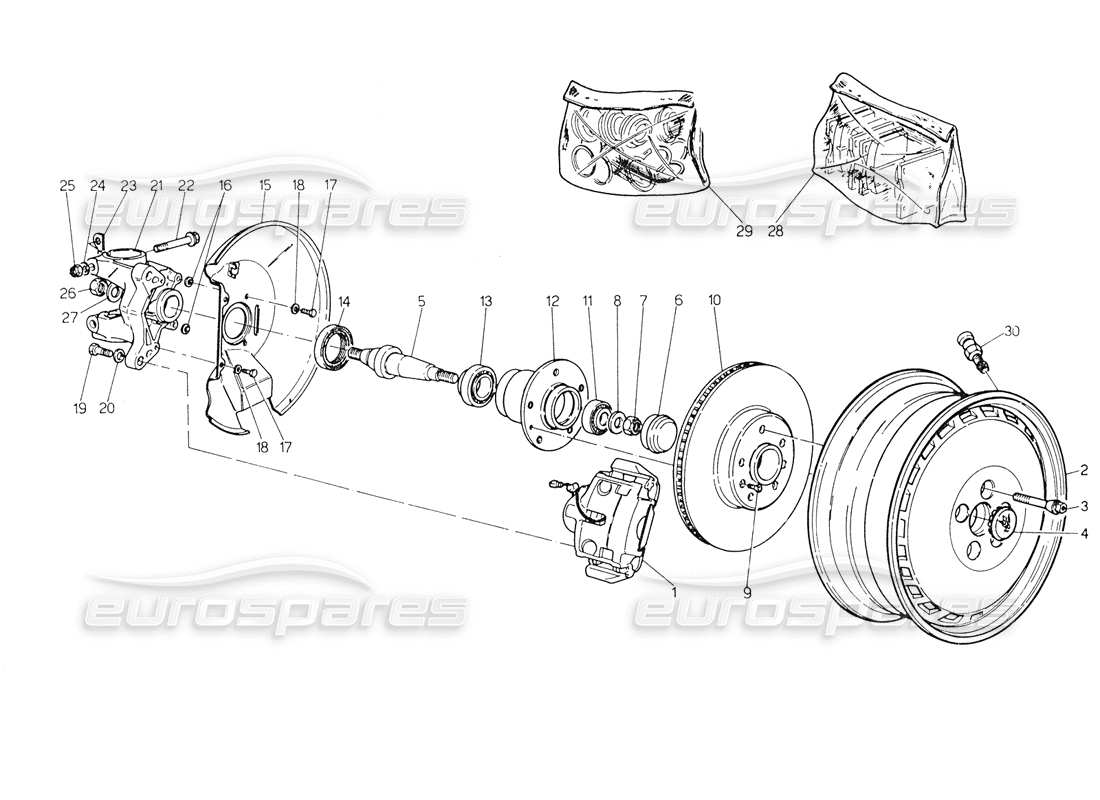 maserati biturbo spider wheels, hubs and front brakes parts diagram