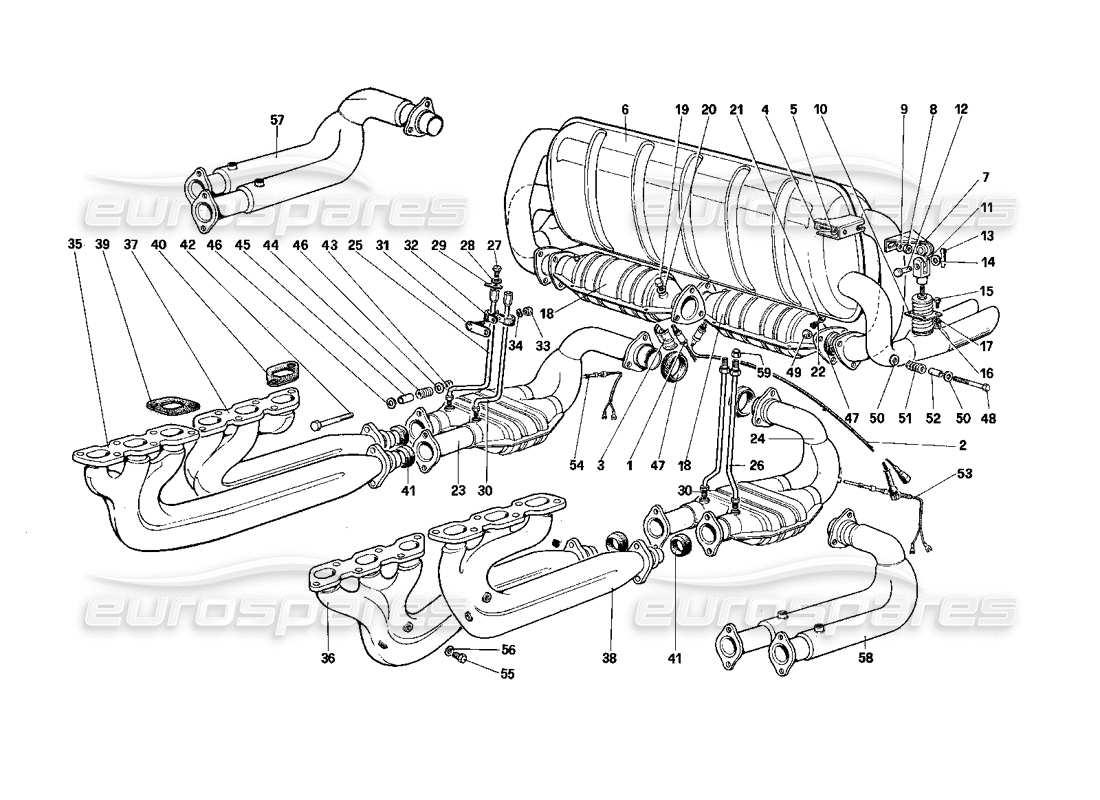 ferrari testarossa (1990) exhaust system (for us - sa and cat version) parts diagram