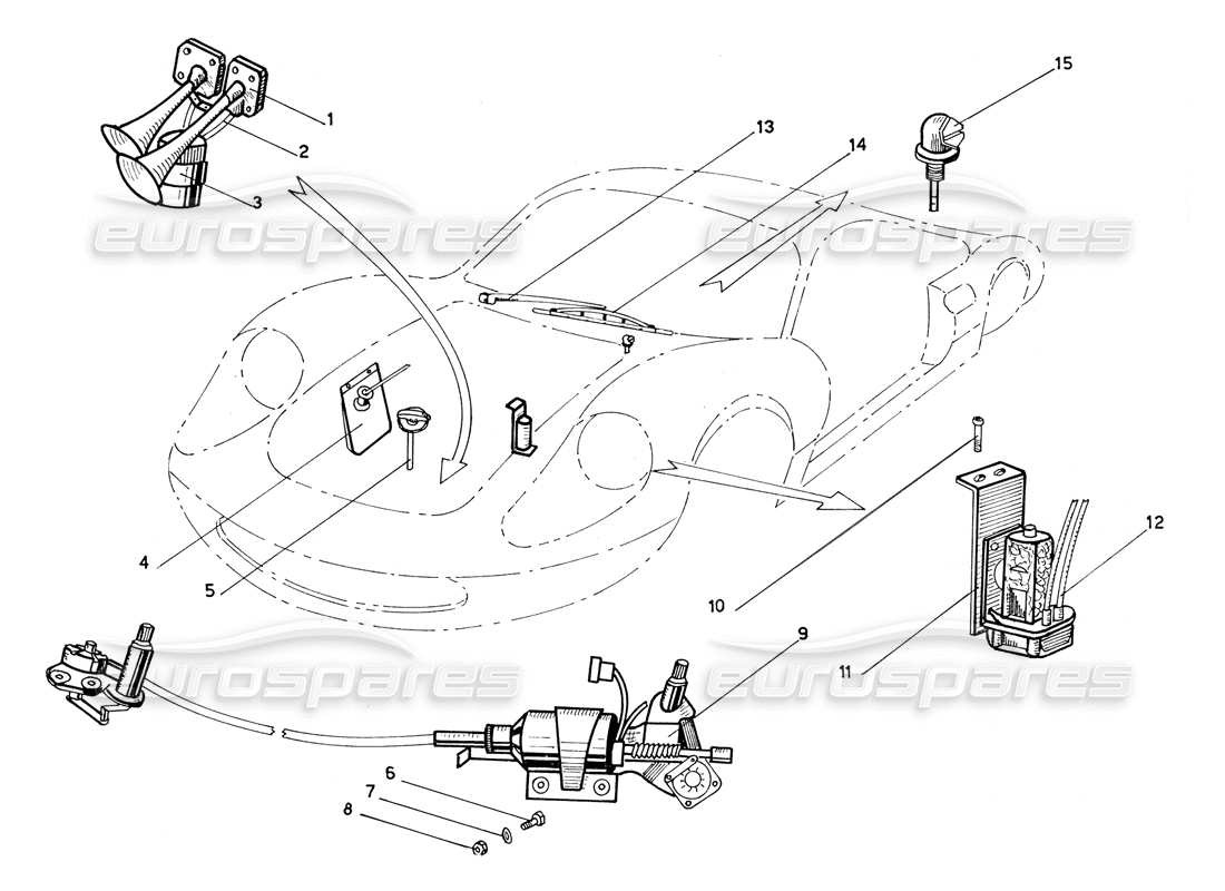 ferrari 206 gt dino (coachwork) wiper mec, washer bag & horns part diagram