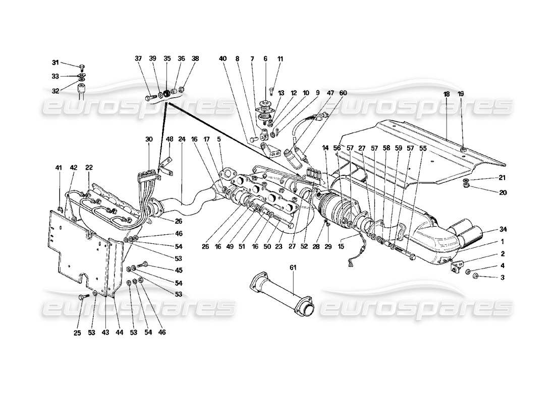 ferrari mondial 3.2 qv (1987) exhaust system (for us and sa version) parts diagram