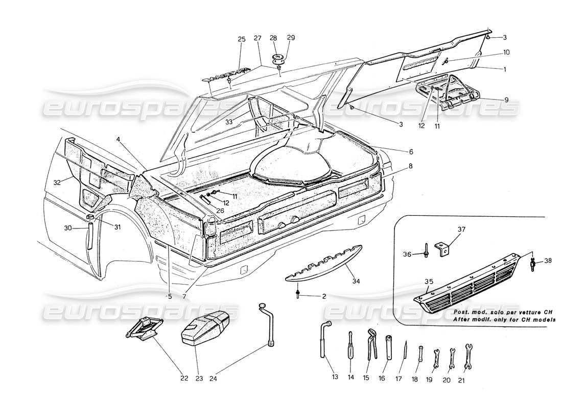 maserati biturbo spider boot: badges, carpets and tools parts diagram