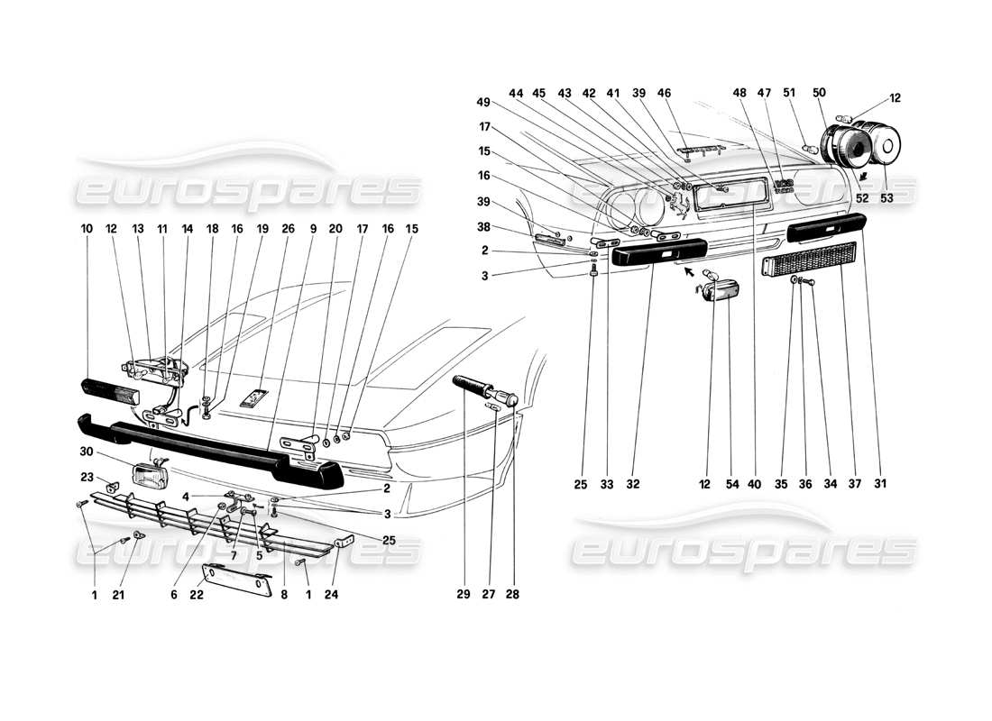 ferrari 208 turbo (1982) bumpers, mouldings and external lights part diagram