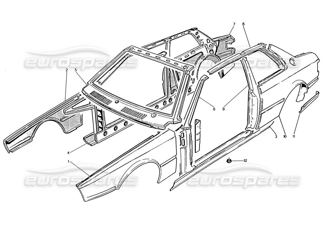 maserati 222 / 222e biturbo body shell: outer panels parts diagram