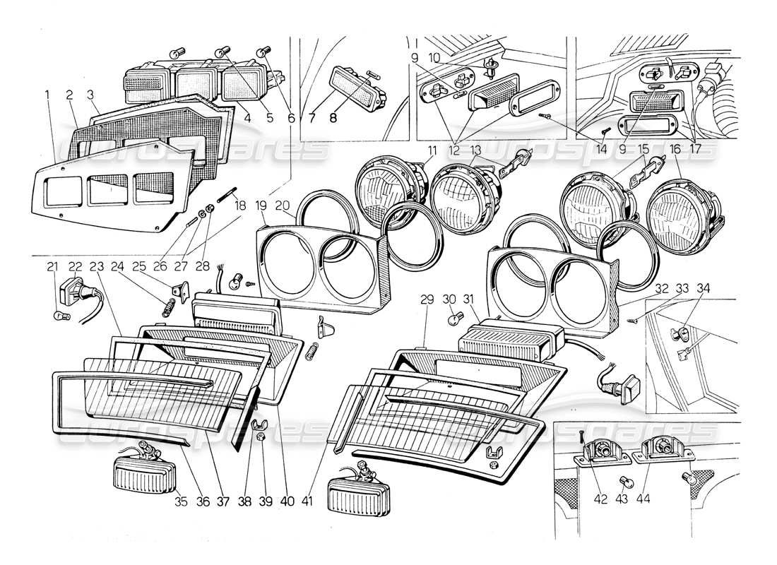 lamborghini countach lp400 headlamps and direction indicators parts diagram