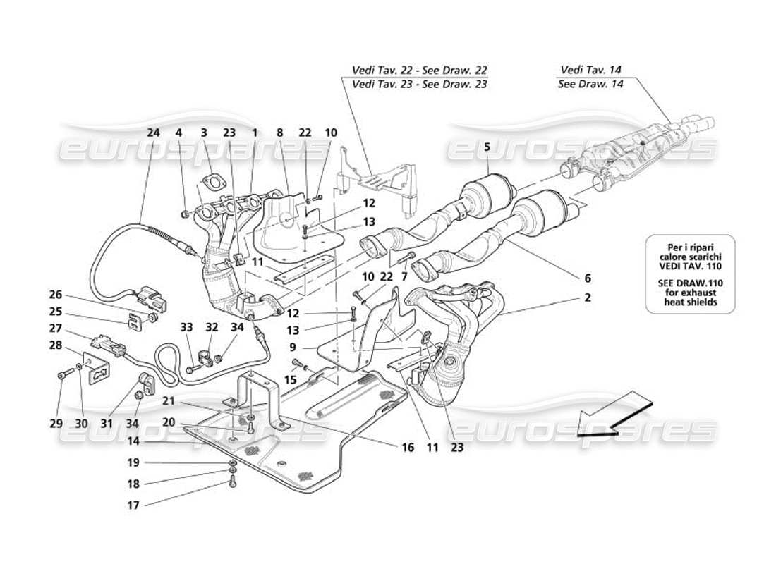 maserati 4200 spyder (2005) exhaust system -variations for usa and cdn- parts diagram