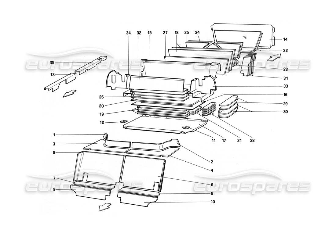 ferrari 208 turbo (1982) passenger and luggage compartments insulation part diagram