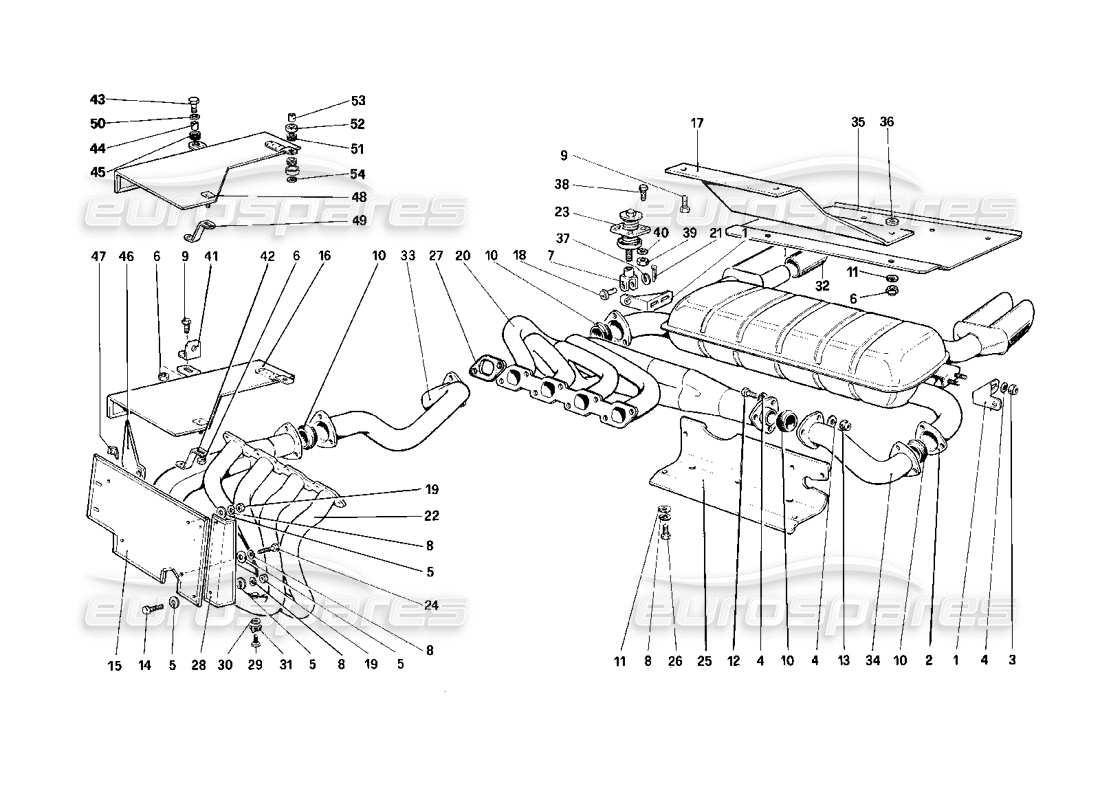 ferrari mondial 3.2 qv (1987) exhaust system (not for us and sa version) part diagram