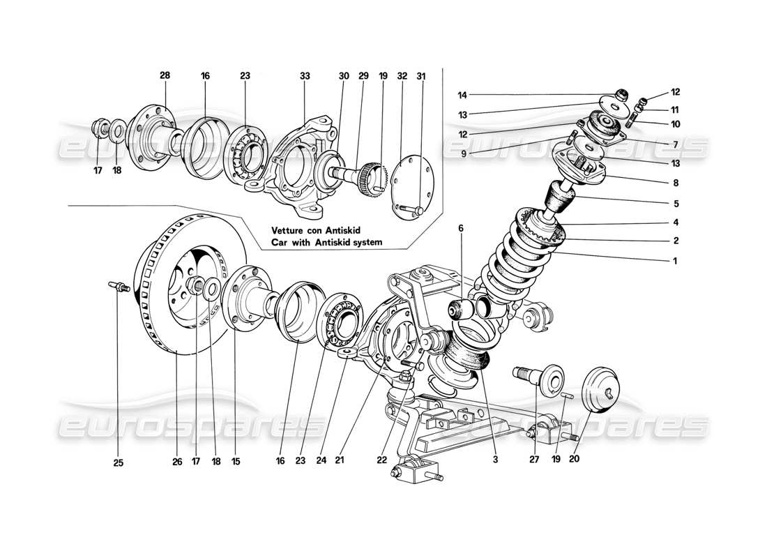 ferrari mondial 3.2 qv (1987) front suspension - shock absorber and brake disc part diagram