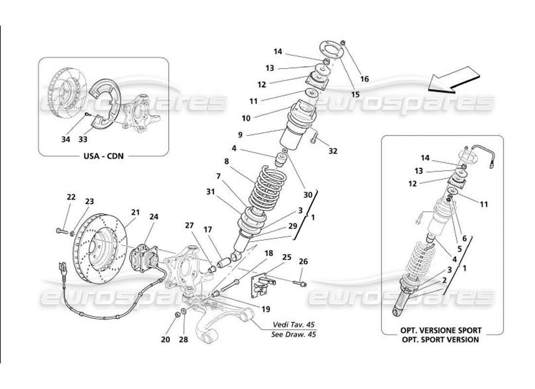 maserati 4200 spyder (2005) front suspension - shock absorber and brake disc part diagram