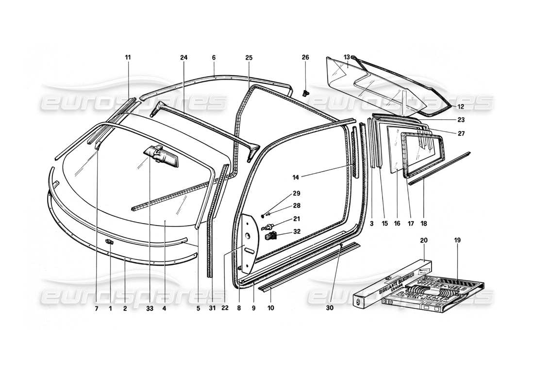 ferrari 208 turbo (1982) glasses parts diagram