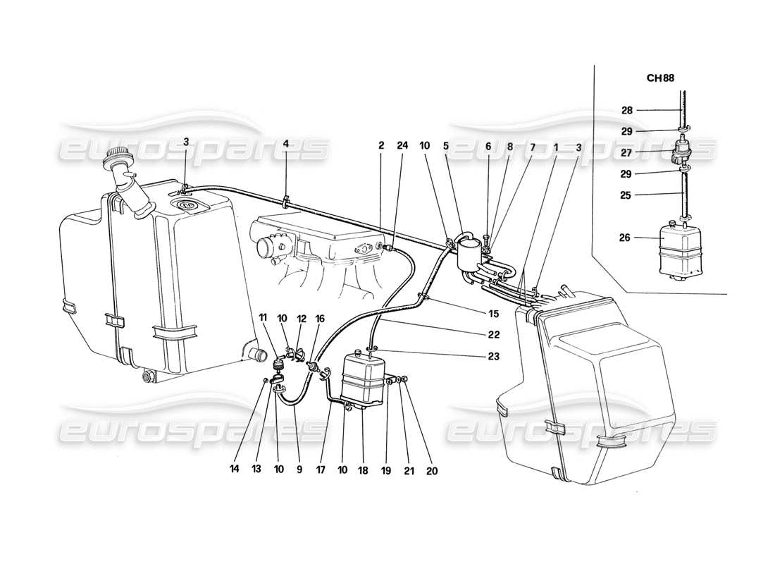 ferrari 328 (1988) antievaporative emission controll system (for usa - sa and ch88 version) parts diagram