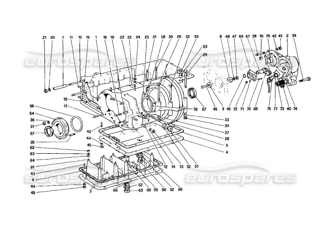 ferrari 308 quattrovalvole (1985) gearbox - differential housing and oil sump parts diagram