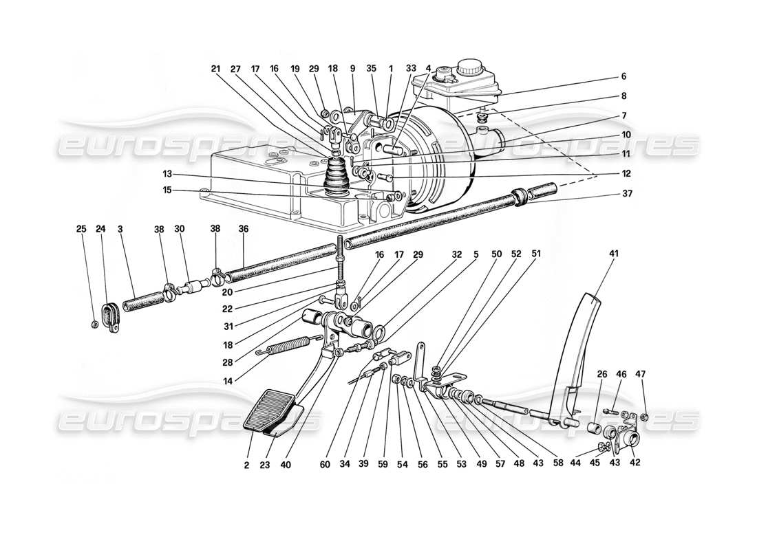 ferrari mondial 3.2 qv (1987) throttle control and brake hydraulic system (for car without antiskid system - variants for rh d version) part diagram