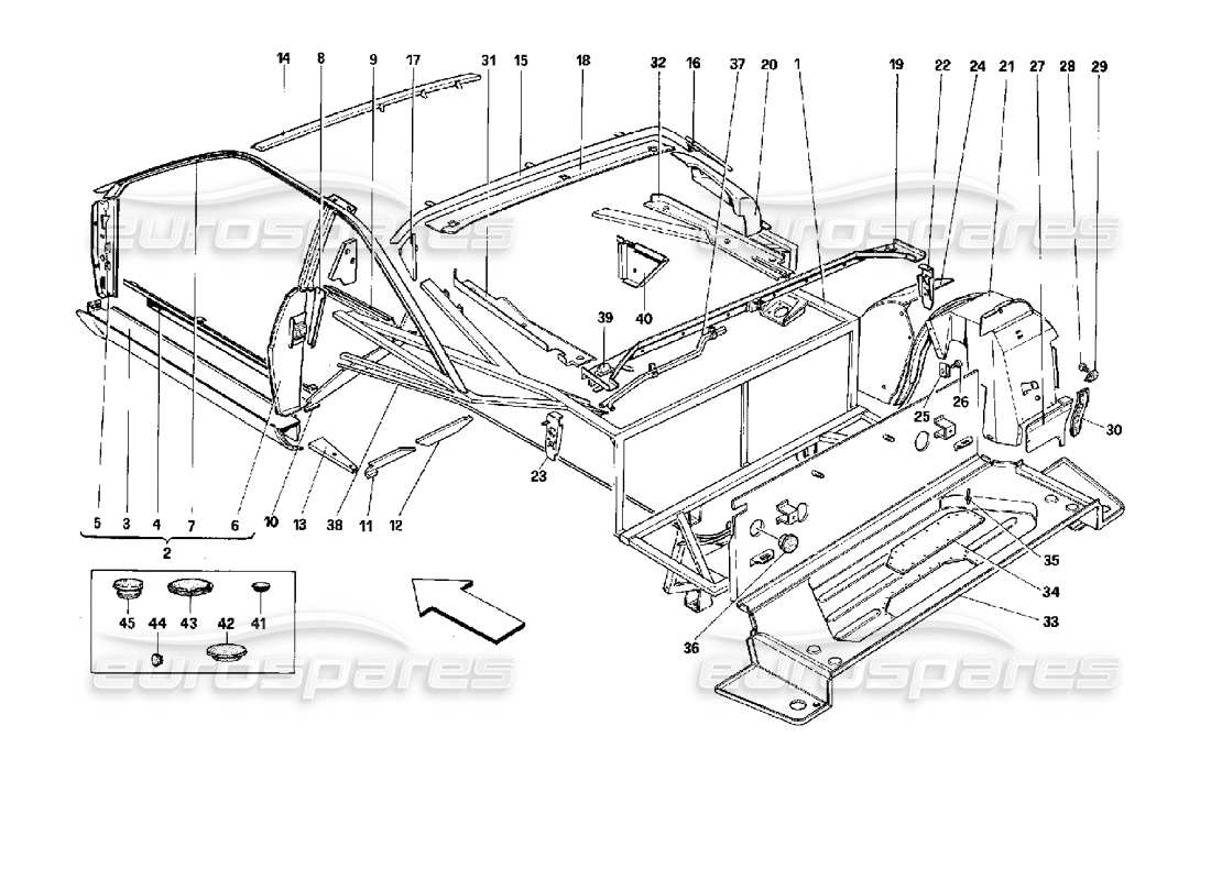 ferrari mondial 3.4 t coupe/cabrio body shell: inner elements - rear part - coupe parts diagram