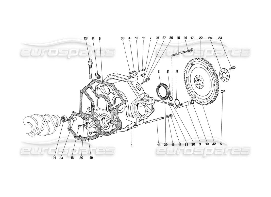 ferrari mondial 3.2 qv (1987) flywheel and clutch housing spacer parts diagram