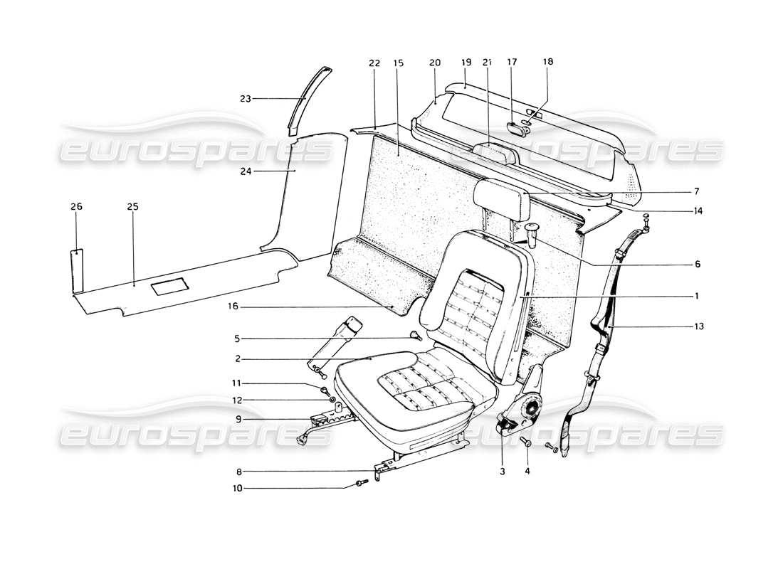 ferrari 512 bb interior trim, accessories and seats parts diagram