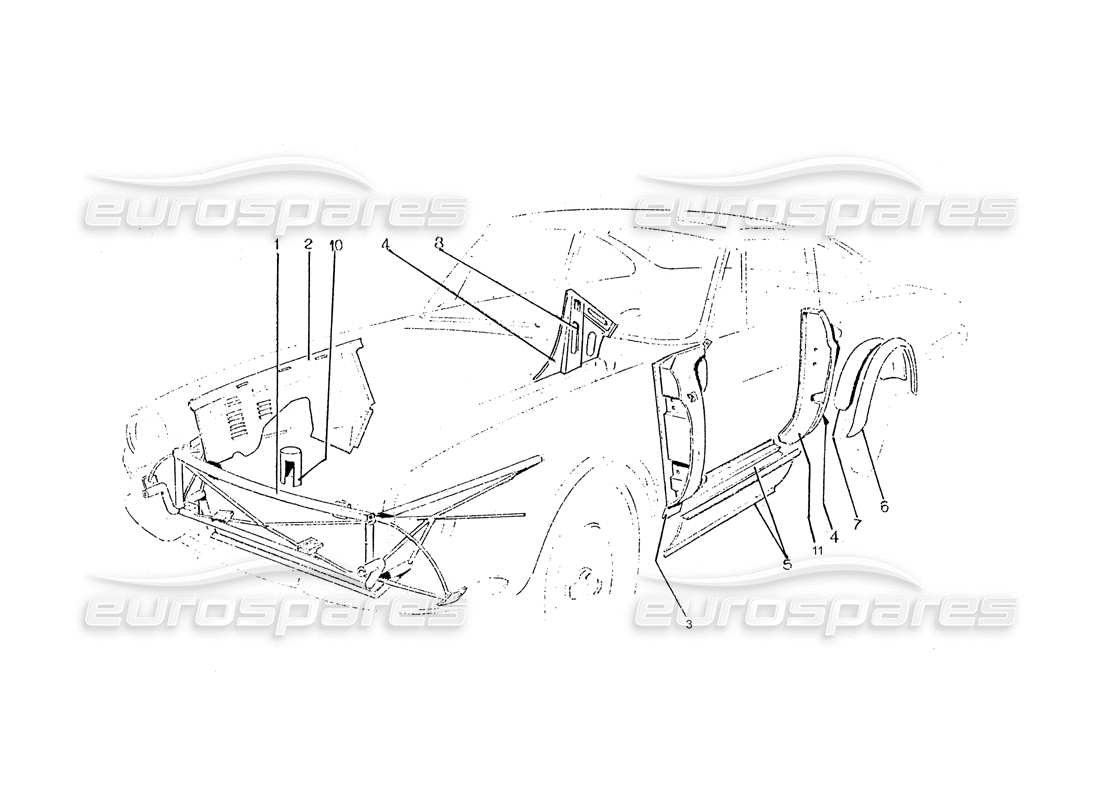 ferrari 330 gtc / 365 gtc (coachwork) inner frame panels parts diagram