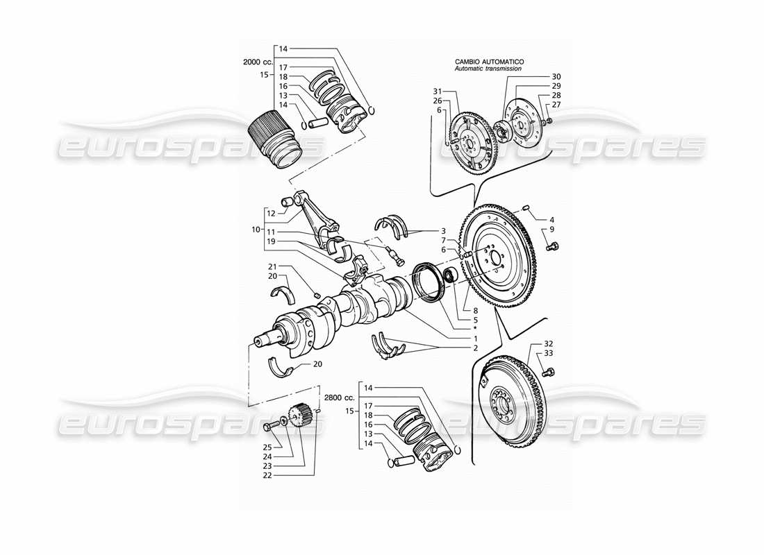 maserati qtp v6 (1996) crankshaft, pistons, conrods & flywheel part diagram