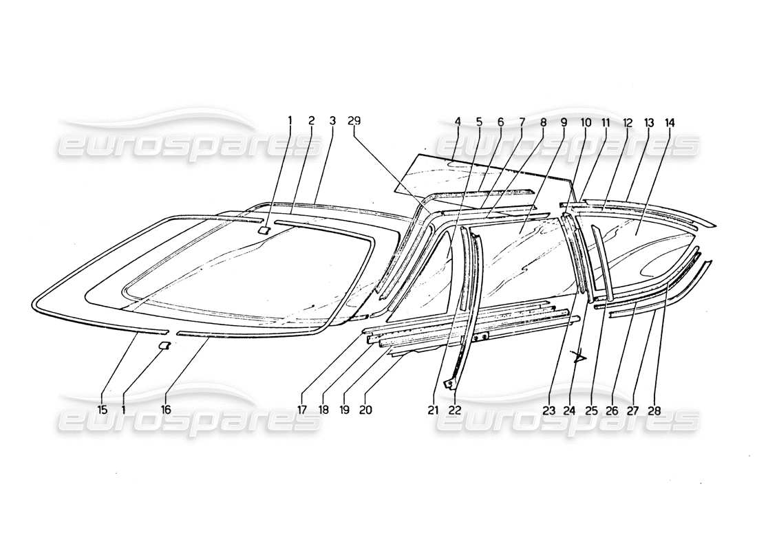 lamborghini urraco p250 / p250s glasses, windscreens and side glasses part diagram
