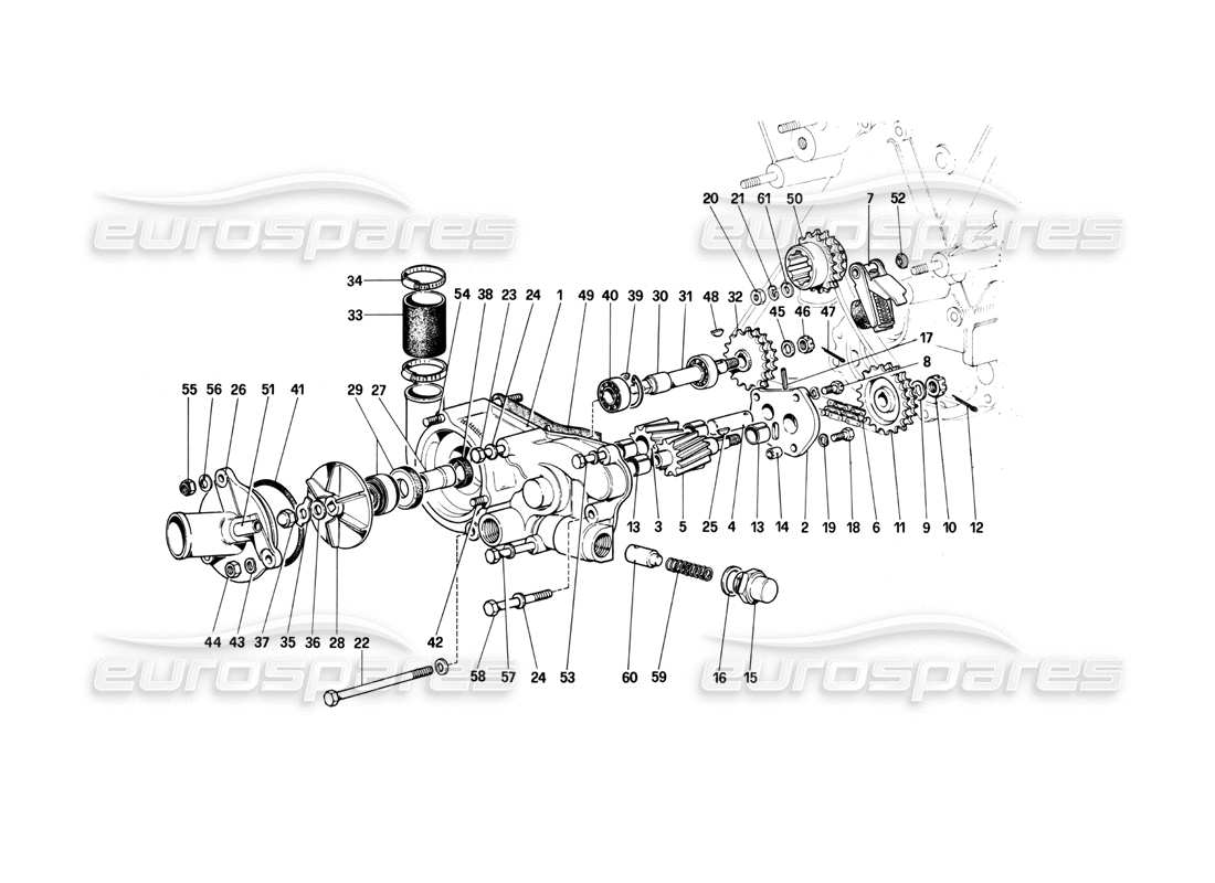 ferrari 400i (1983 mechanical) water pump and engine oil pump parts diagram