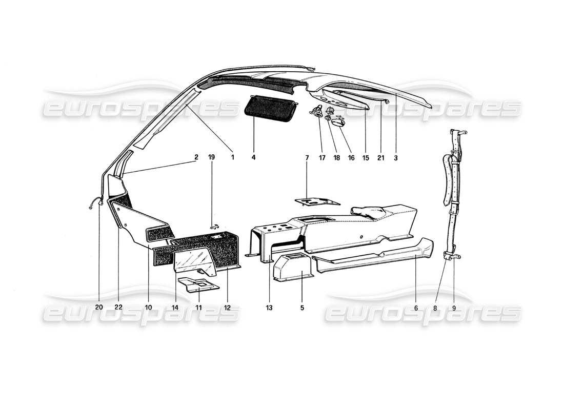 ferrari 512 bbi tunnel and roof parts diagram