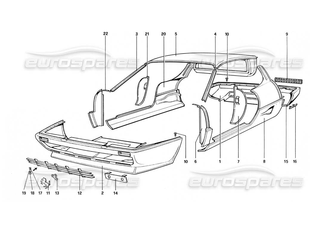 ferrari 512 bbi body shell - outer elements parts diagram