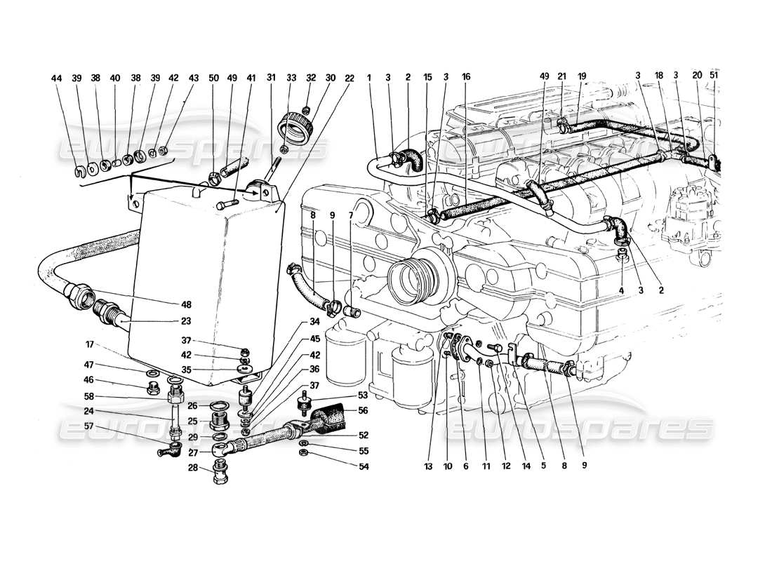 ferrari 512 bbi lubrication - blow-by and oil reservoir parts diagram