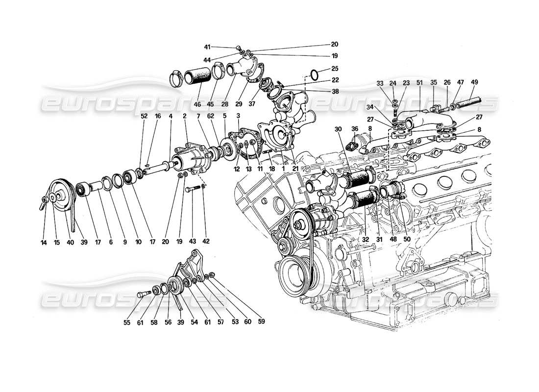 ferrari 308 quattrovalvole (1985) water pump and pipings parts diagram