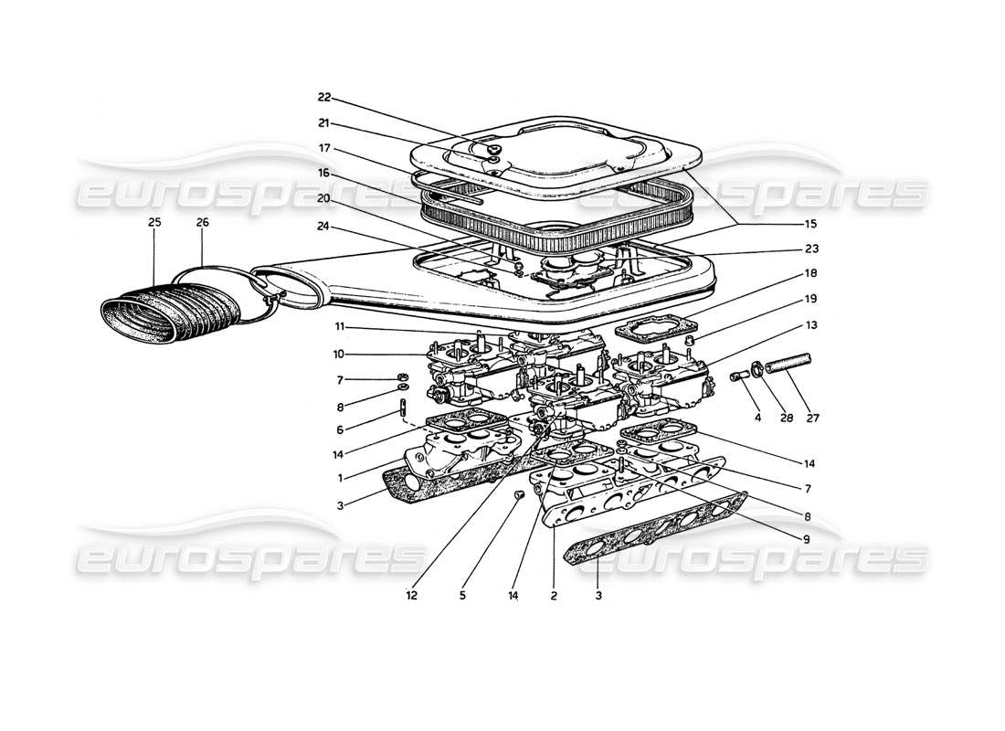 ferrari 208 gt4 dino (1975) carburettors and air cleaner parts diagram