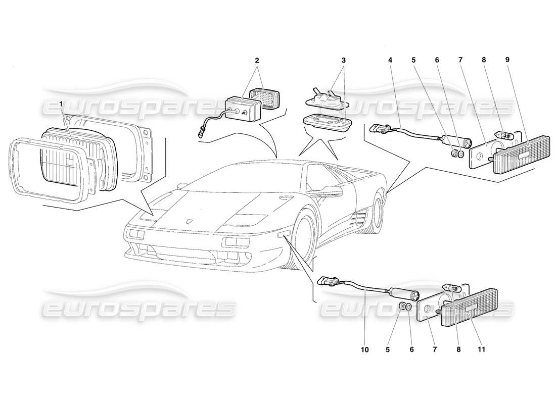 lamborghini diablo vt (1994) lights (valid for usa version - april 1994) parts diagram