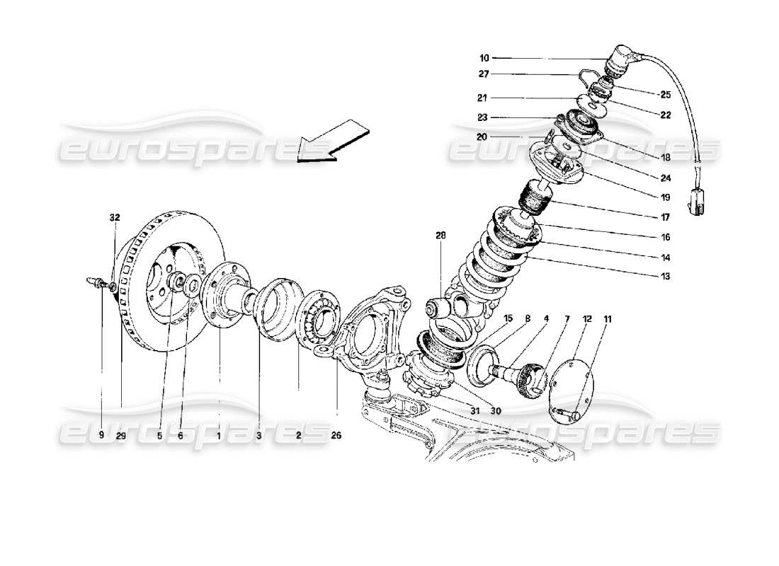 ferrari mondial 3.4 t coupe/cabrio front susp. - shock absorber and brake disc parts diagram