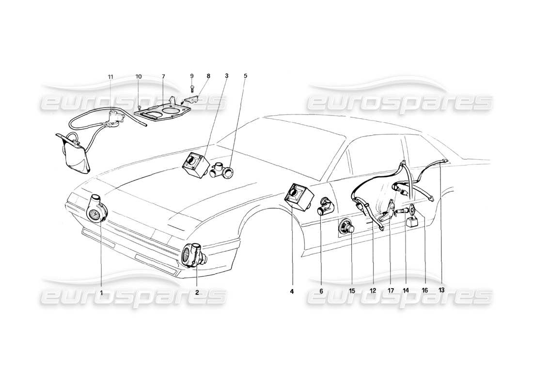 ferrari 400i (1983 mechanical) cooling electric fans - heating - windscreen washer and safety belts parts diagram