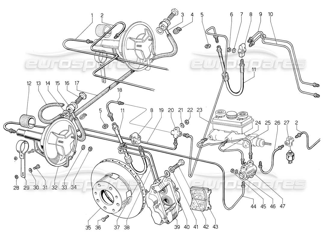 lamborghini jalpa 3.5 (1984) front brakes part diagram