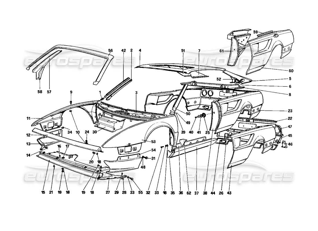 ferrari mondial 3.0 qv (1984) body shell - outer elements parts diagram