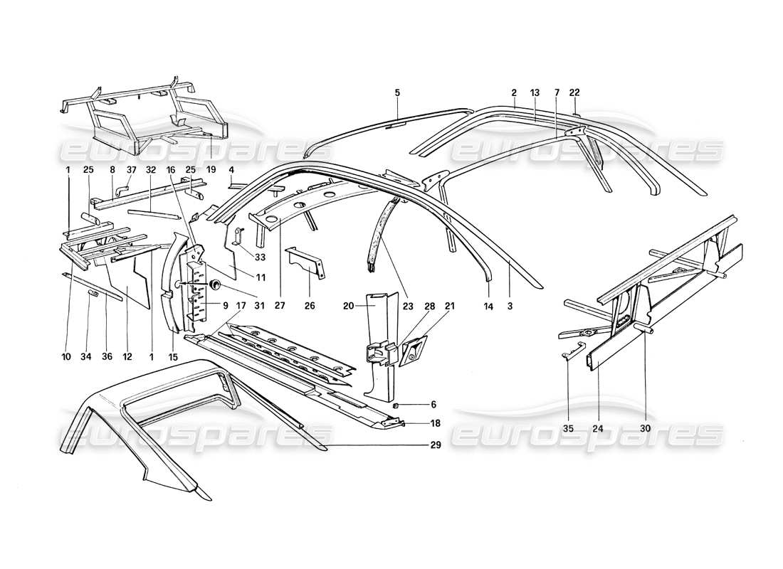 ferrari 308 quattrovalvole (1985) body shell - inner elements parts diagram