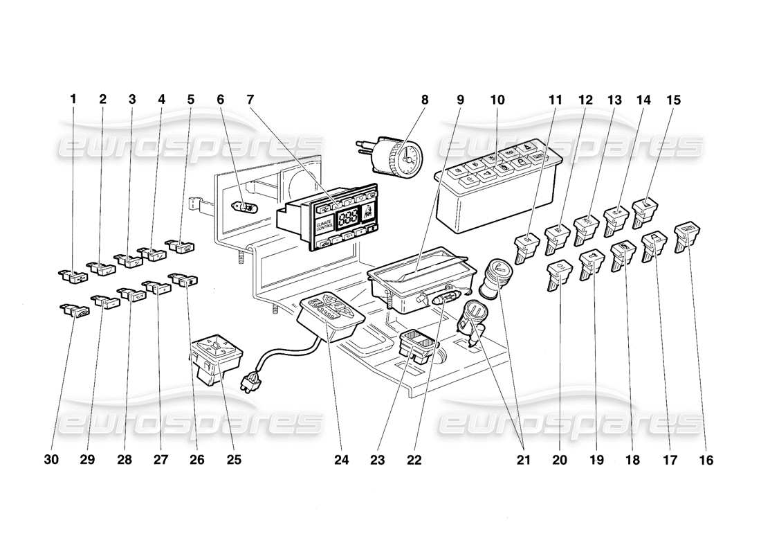 lamborghini diablo vt (1994) tunnel panel instruments part diagram