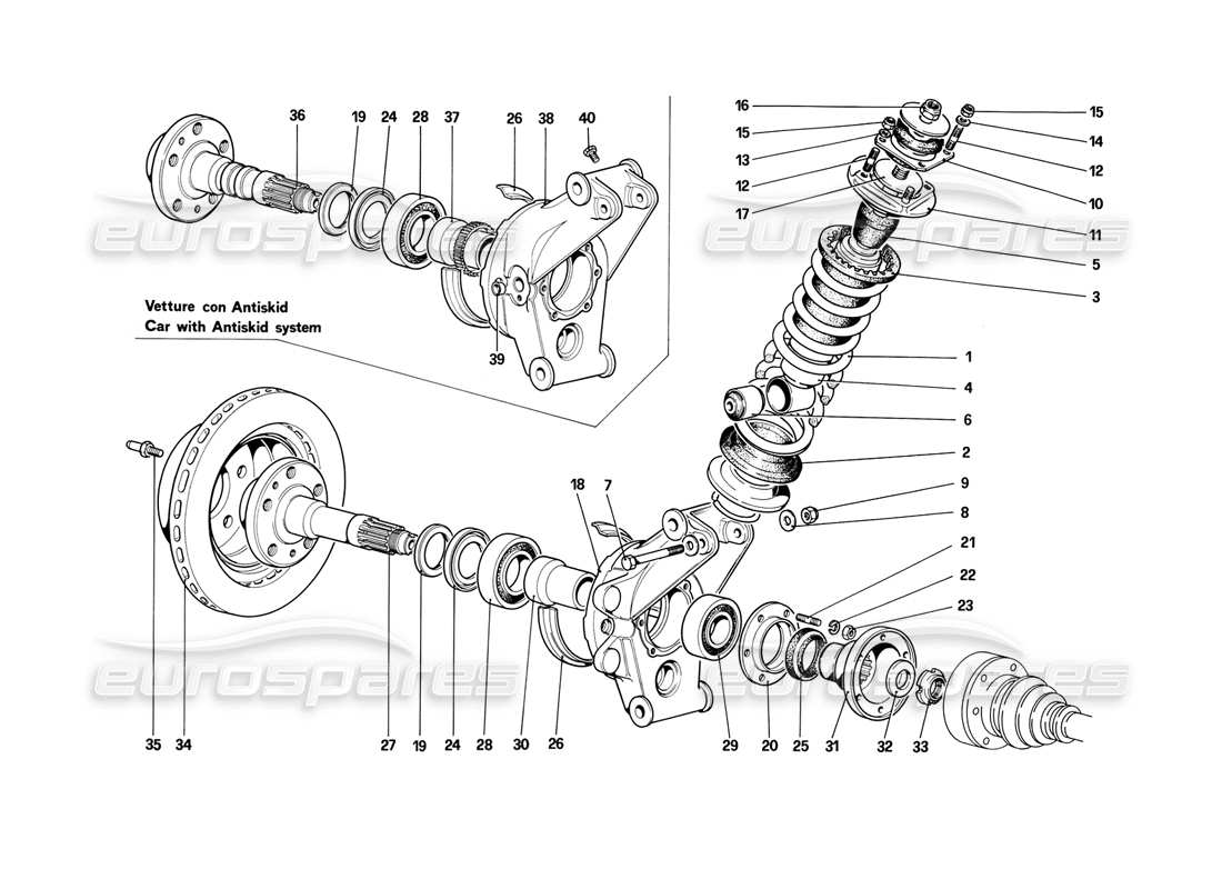 ferrari mondial 3.2 qv (1987) rear suspension - shock absorber and brake disc part diagram