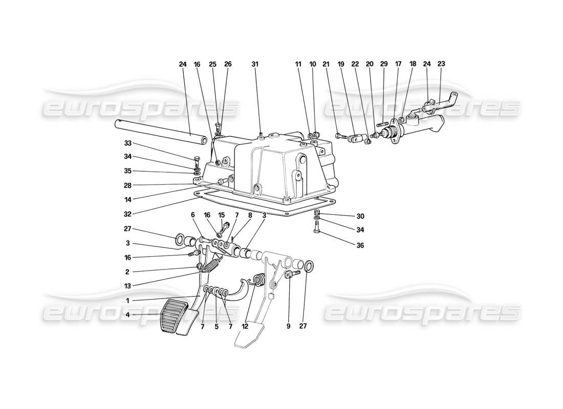 ferrari mondial 3.2 qv (1987) pedal board - clutch control (for car with antiskid system - variants for rh d version) part diagram