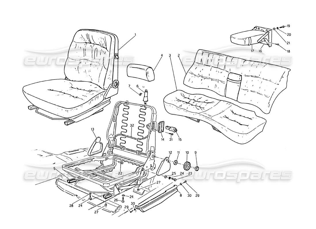 maserati biturbo 2.5 (1984) front and rear seat parts diagram