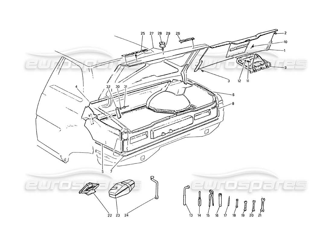 maserati biturbo 2.5 (1984) boot - badges, carpet and tools parts diagram