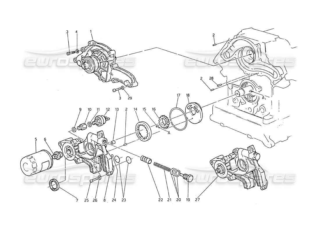 maserati biturbo 2.5 (1984) water pump and oil pump parts diagram