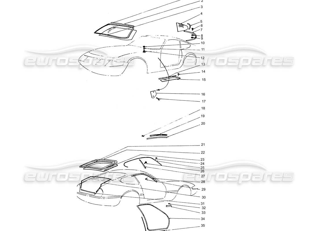 ferrari 365 gtb4 daytona (coachwork) glass & rubber seals parts diagram