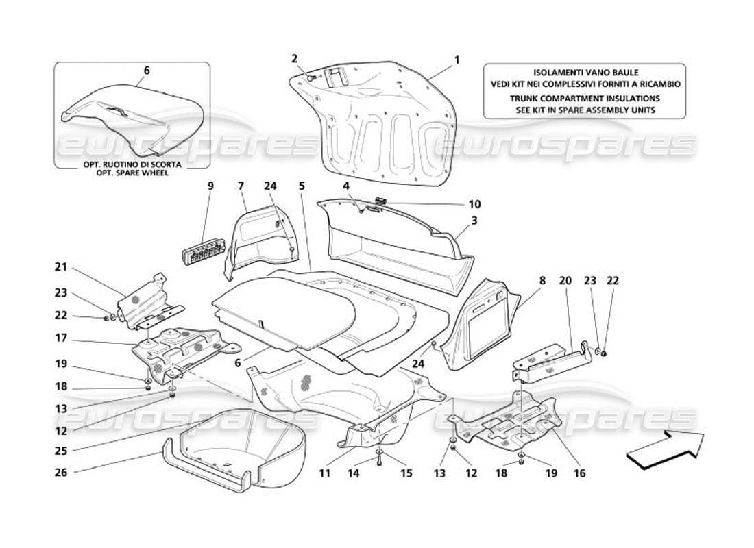 maserati 4200 spyder (2005) trunk hood compartment trims - air inlet and heath shields parts diagram