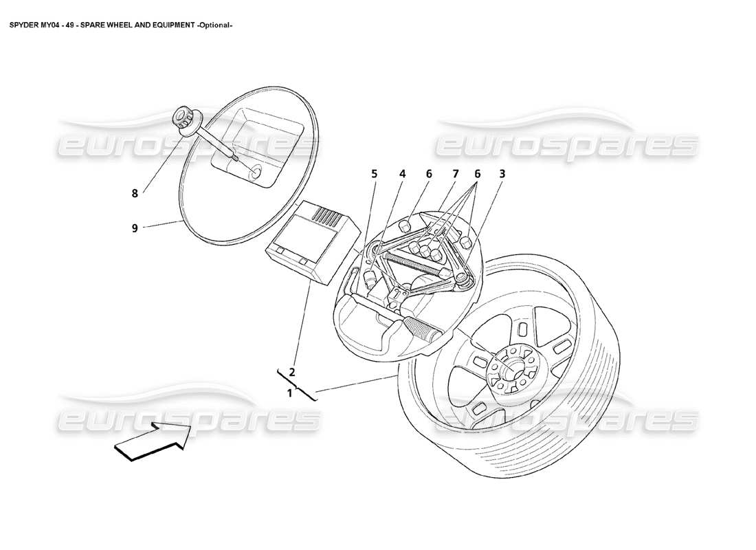 maserati 4200 spyder (2004) spare wheel and equipment optional parts diagram